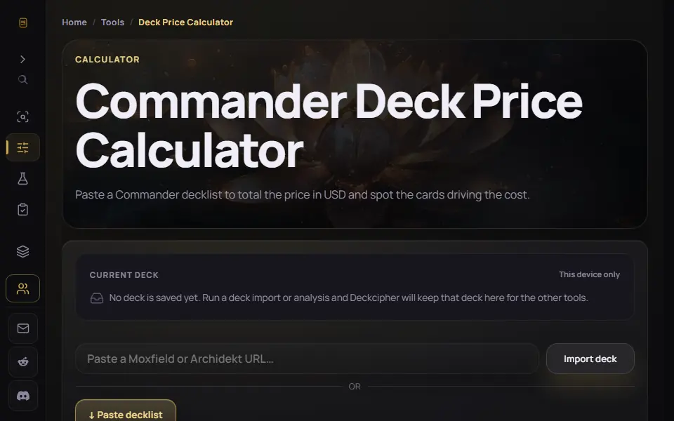 Deckcipher Deck Price Calculator interface screenshot