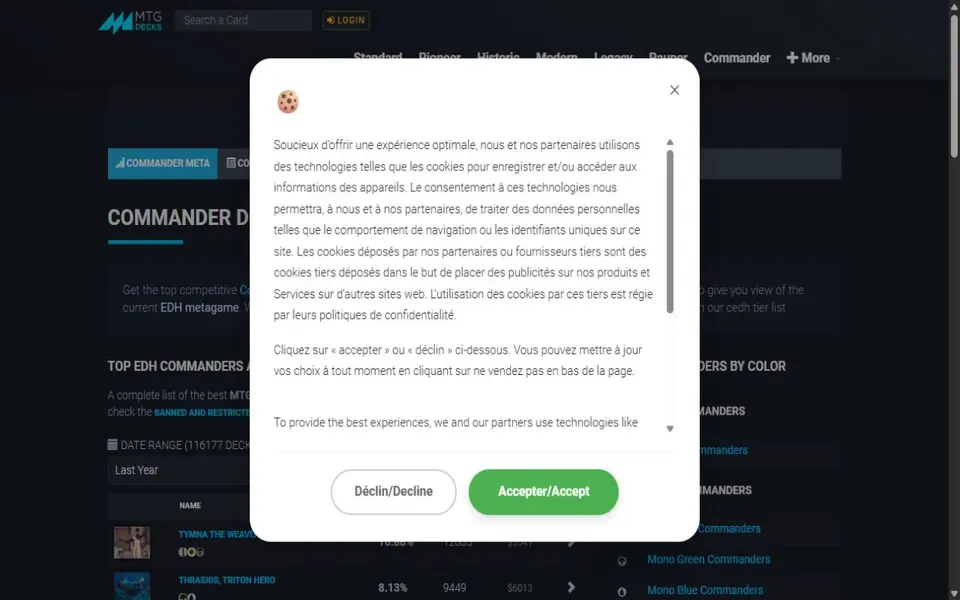 MTGDecks Commander interface screenshot